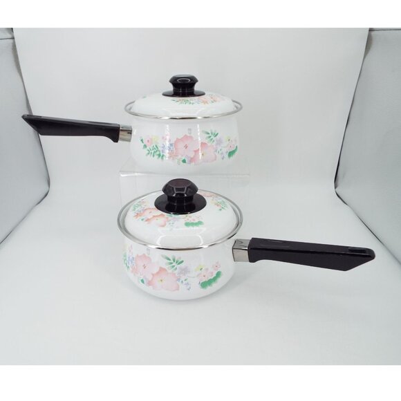 Vintage Pair of Pastel Floral Enamelware Sauce Pans with Lids Made in Thailand - Picture 1 of 15